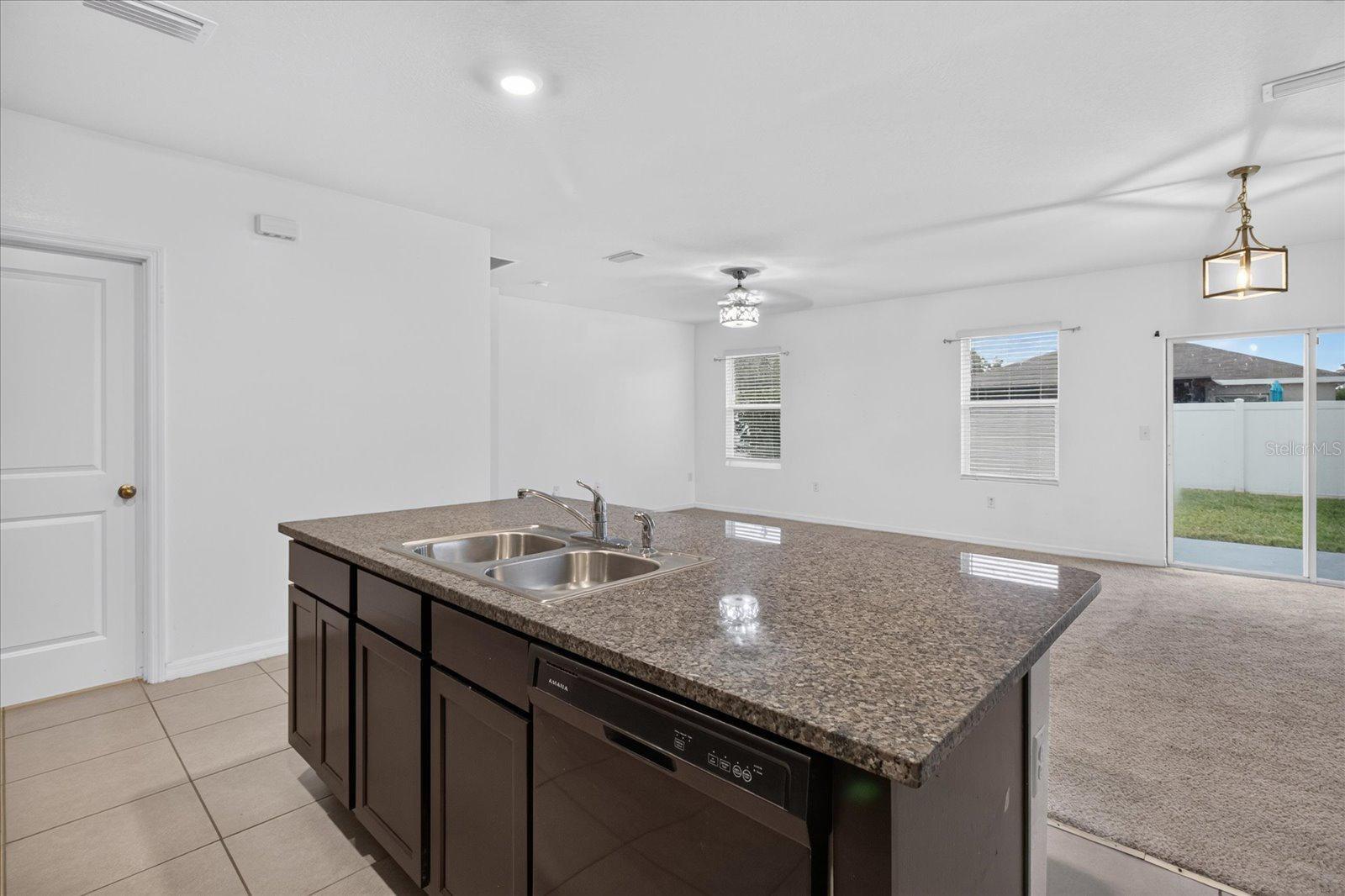 Open kitchen with a large island, double sink, and dishwasher beside a carpeted living area.