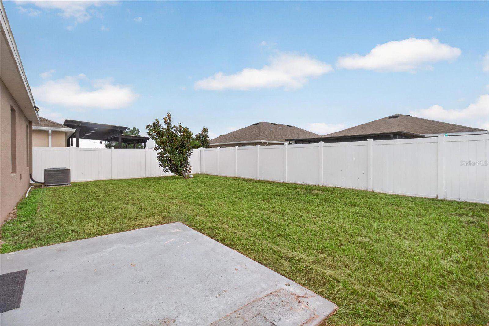 Fenced backyard with a green lawn, white privacy fence, small tree, and concrete patio.