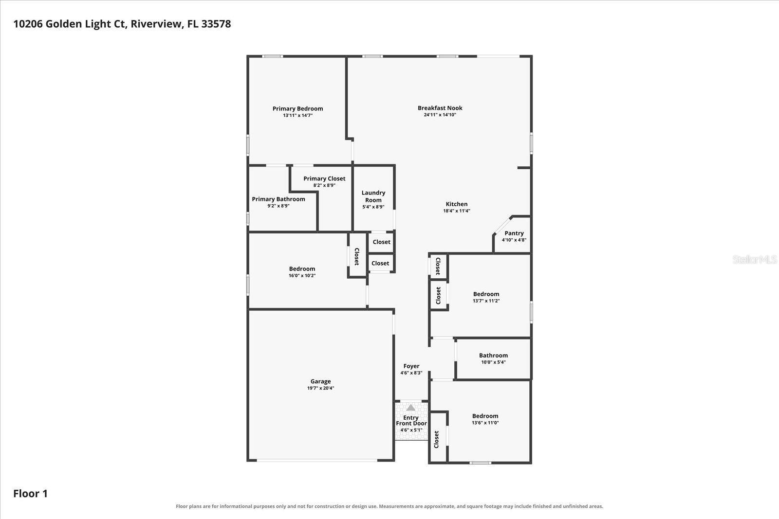 First-floor plan showing a primary suite, three bedrooms, kitchen, breakfast nook, garage, and labeled room dimensions.