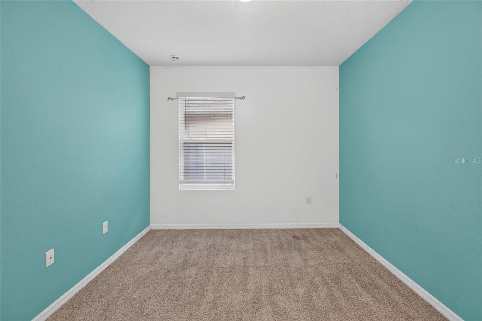 Empty carpeted room with turquoise walls and a window with closed blinds.