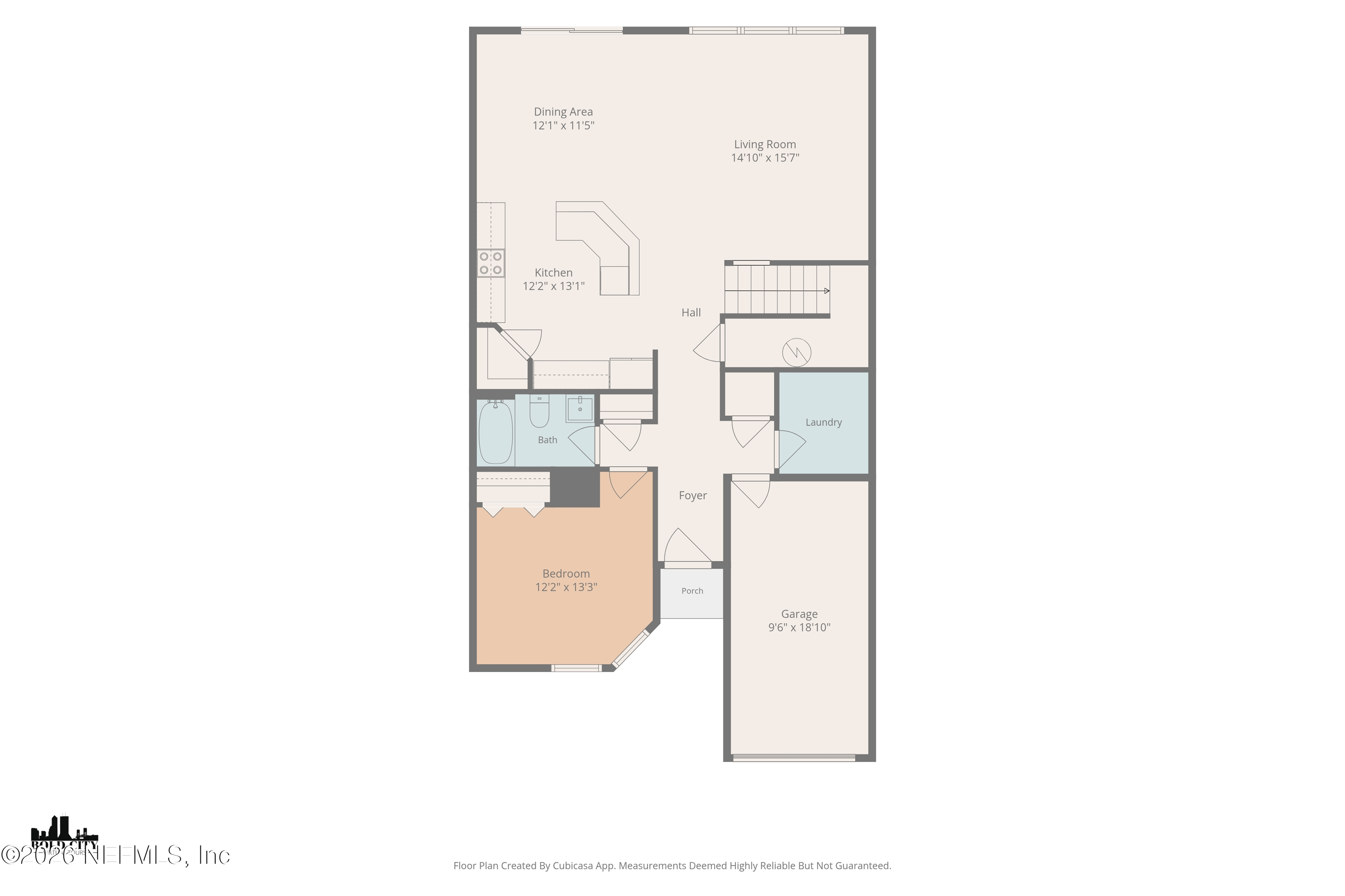 Floor plan showing a one-bedroom layout with a garage, laundry room, porch, and labeled room dimensions.