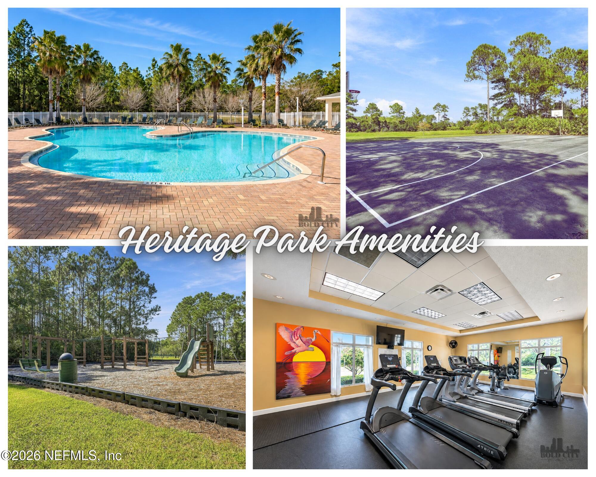 Heritage Park community amenities: swimming pool, basketball court, playground, and fitness center.
