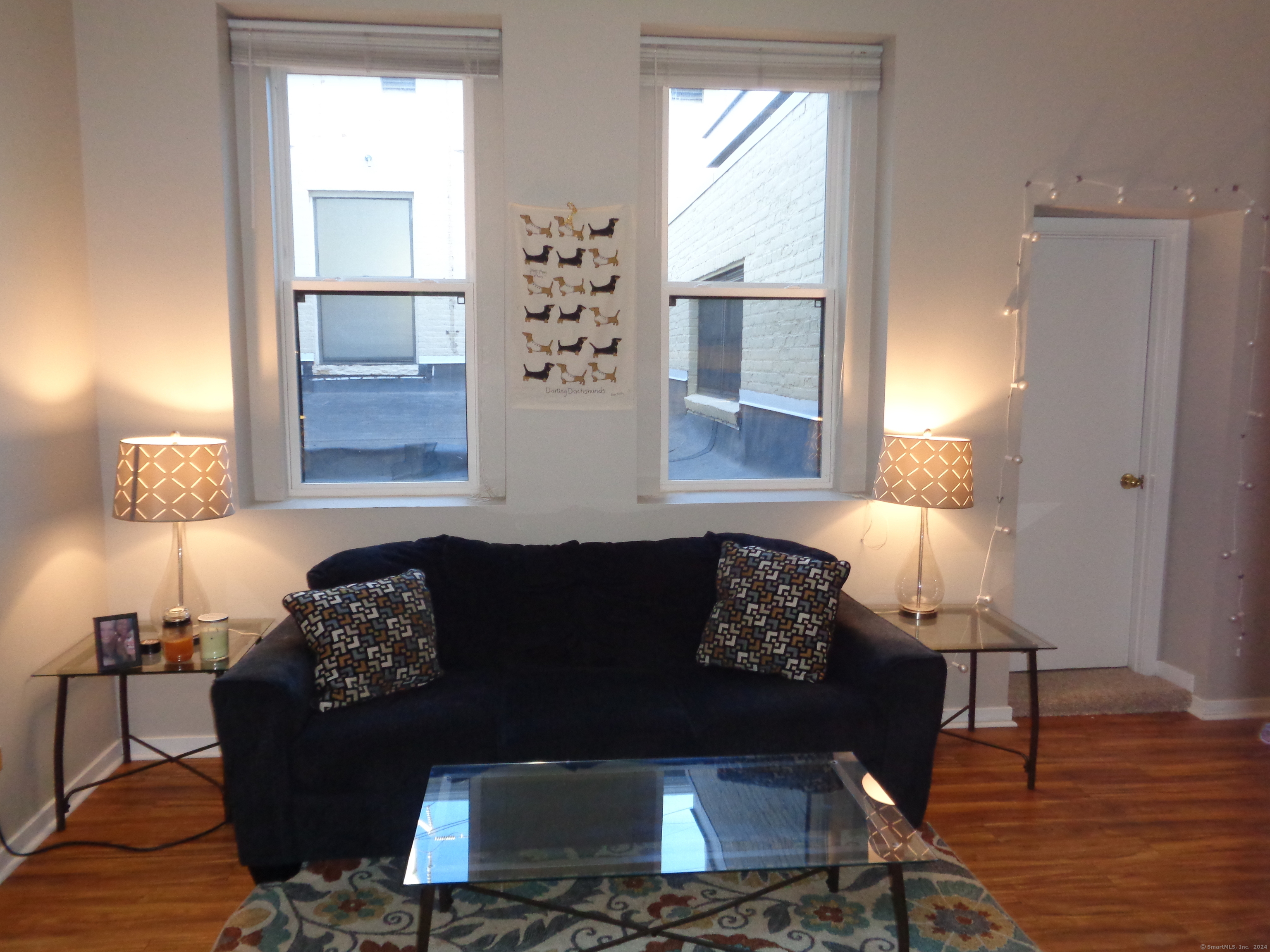 Living room with a dark sofa, hardwood floors, and two windows above it.