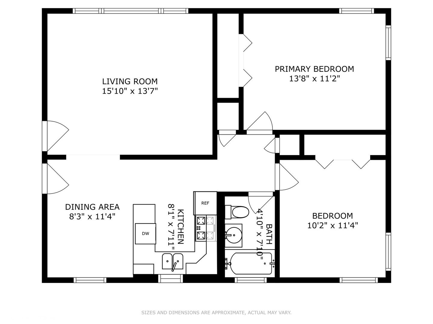 Floor plan showing two bedrooms, a living room, dining area, kitchen, and bathroom.