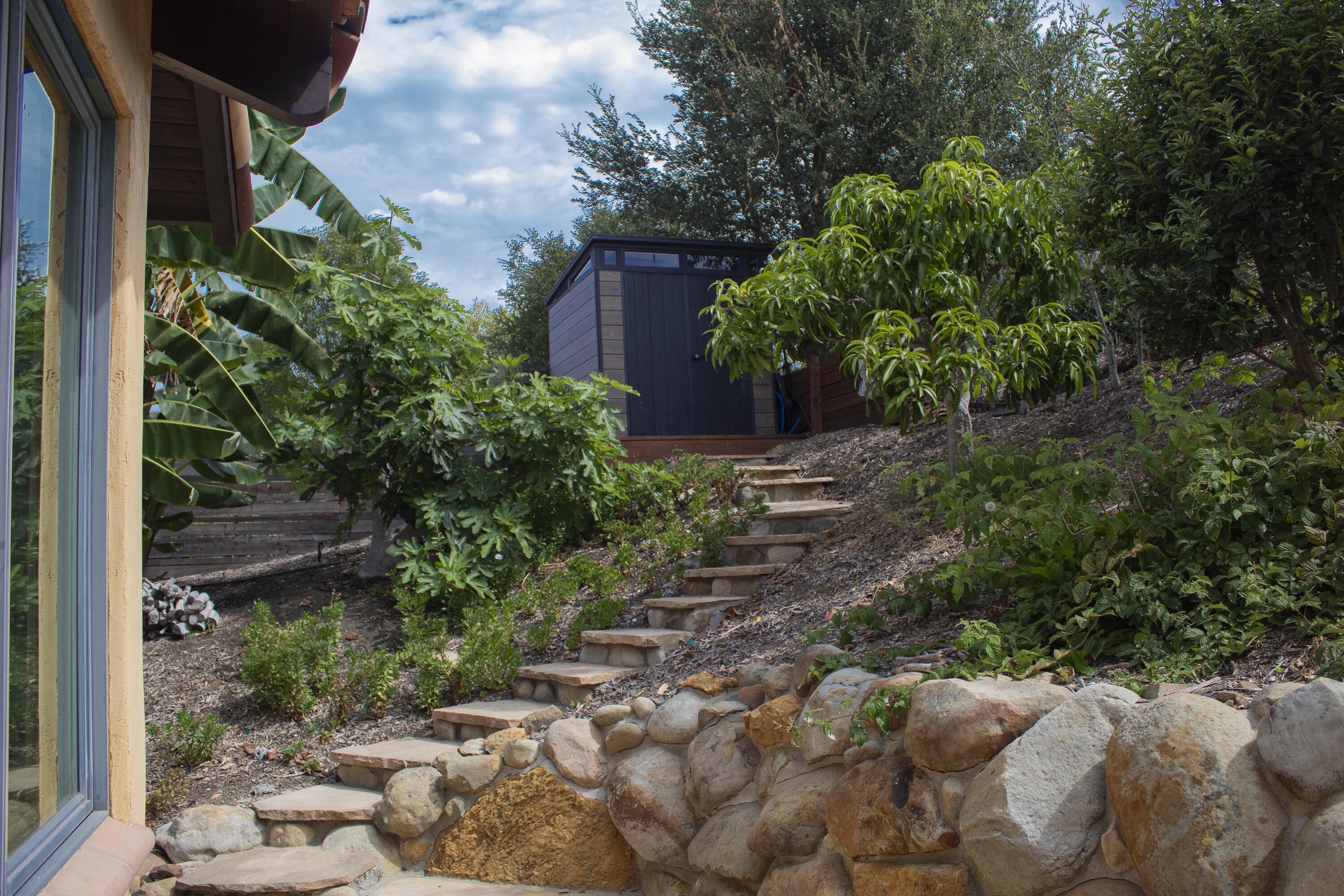 Stone steps wind through a lush hillside garden toward a small dark outbuilding.