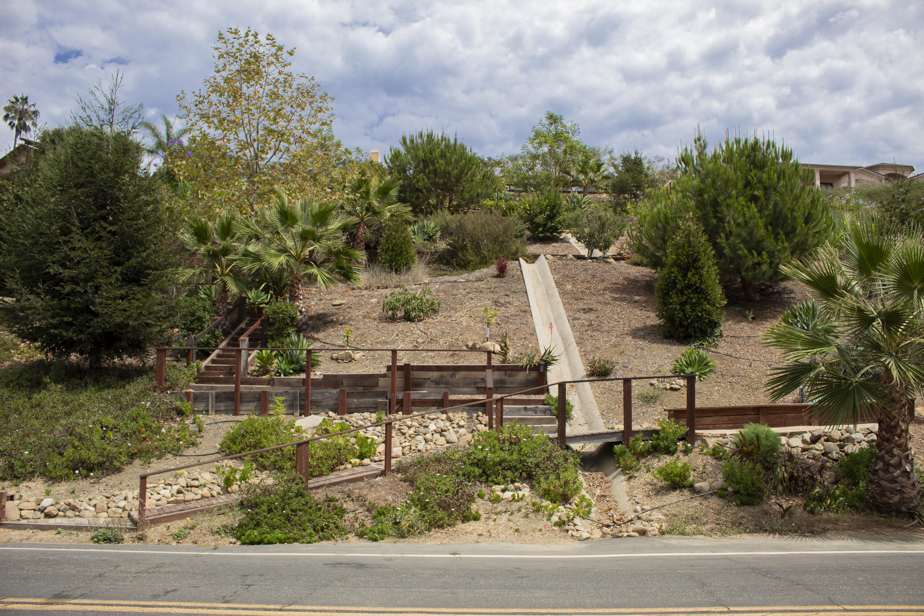 Landscaped hillside with palms, wooden retaining walls, stone drainage beds, and a concrete channel.