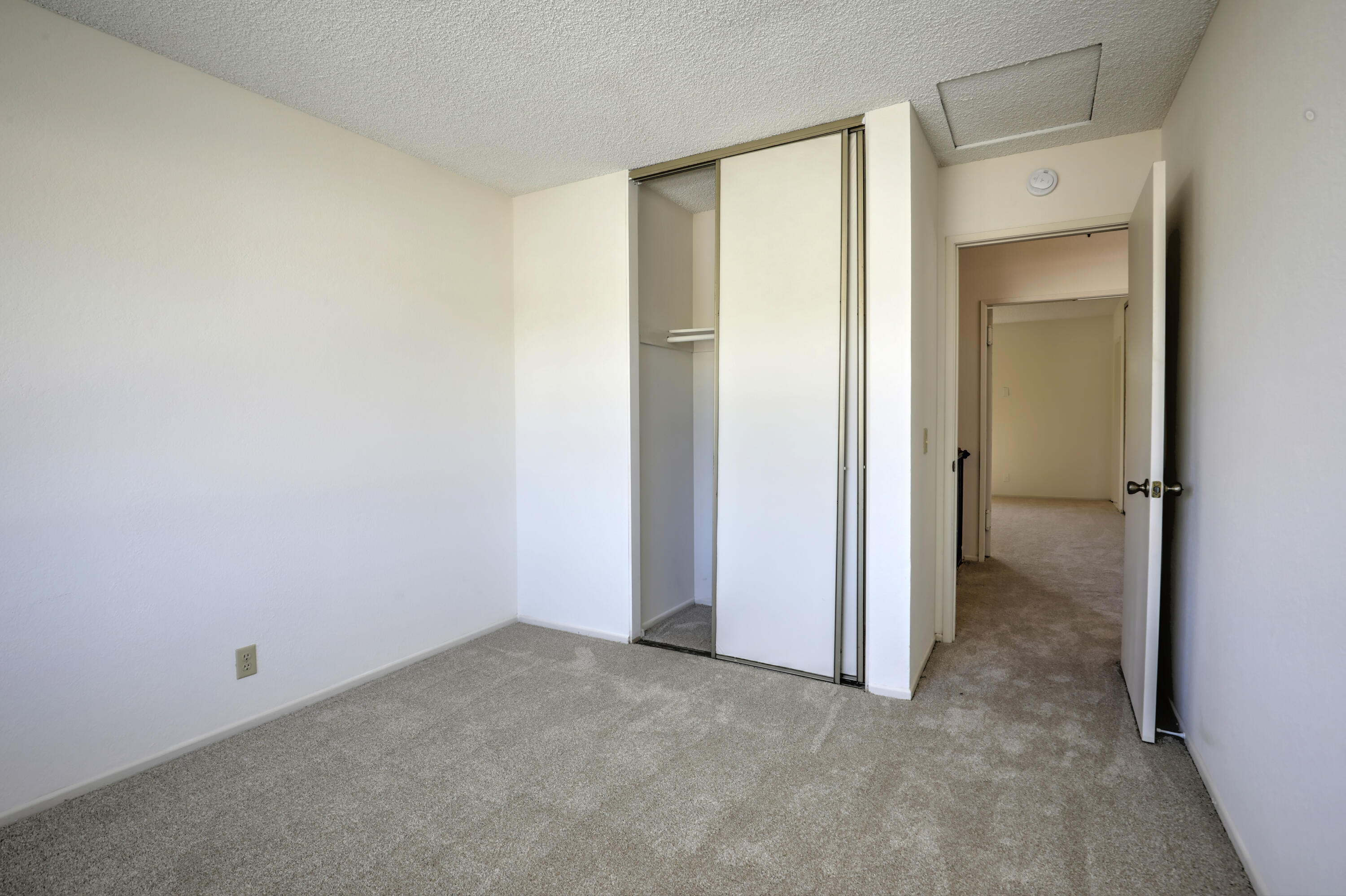 Empty carpeted bedroom with a partially open sliding-door closet and doorway to another room.