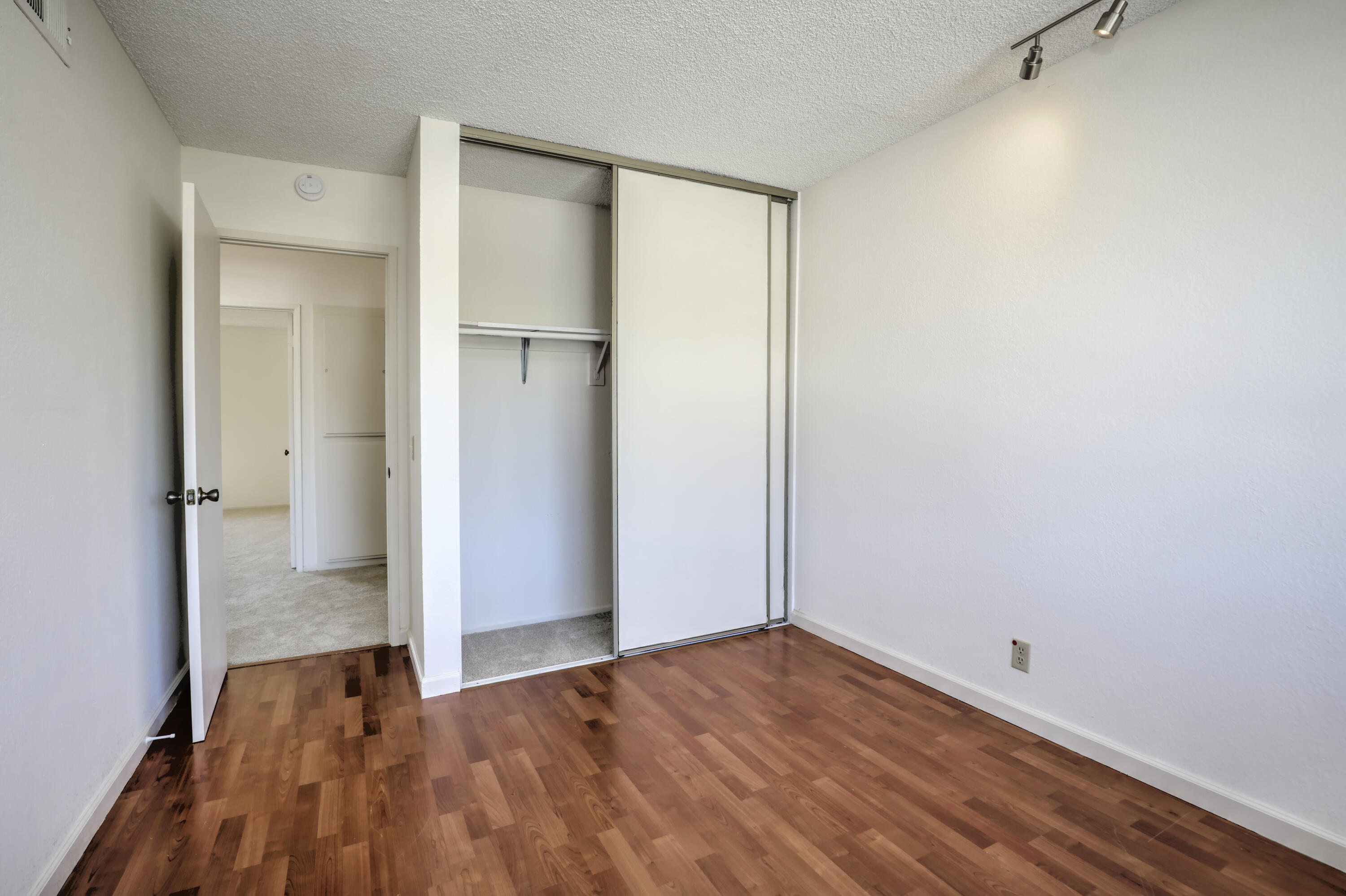 Empty bedroom with hardwood floors and an open sliding closet.