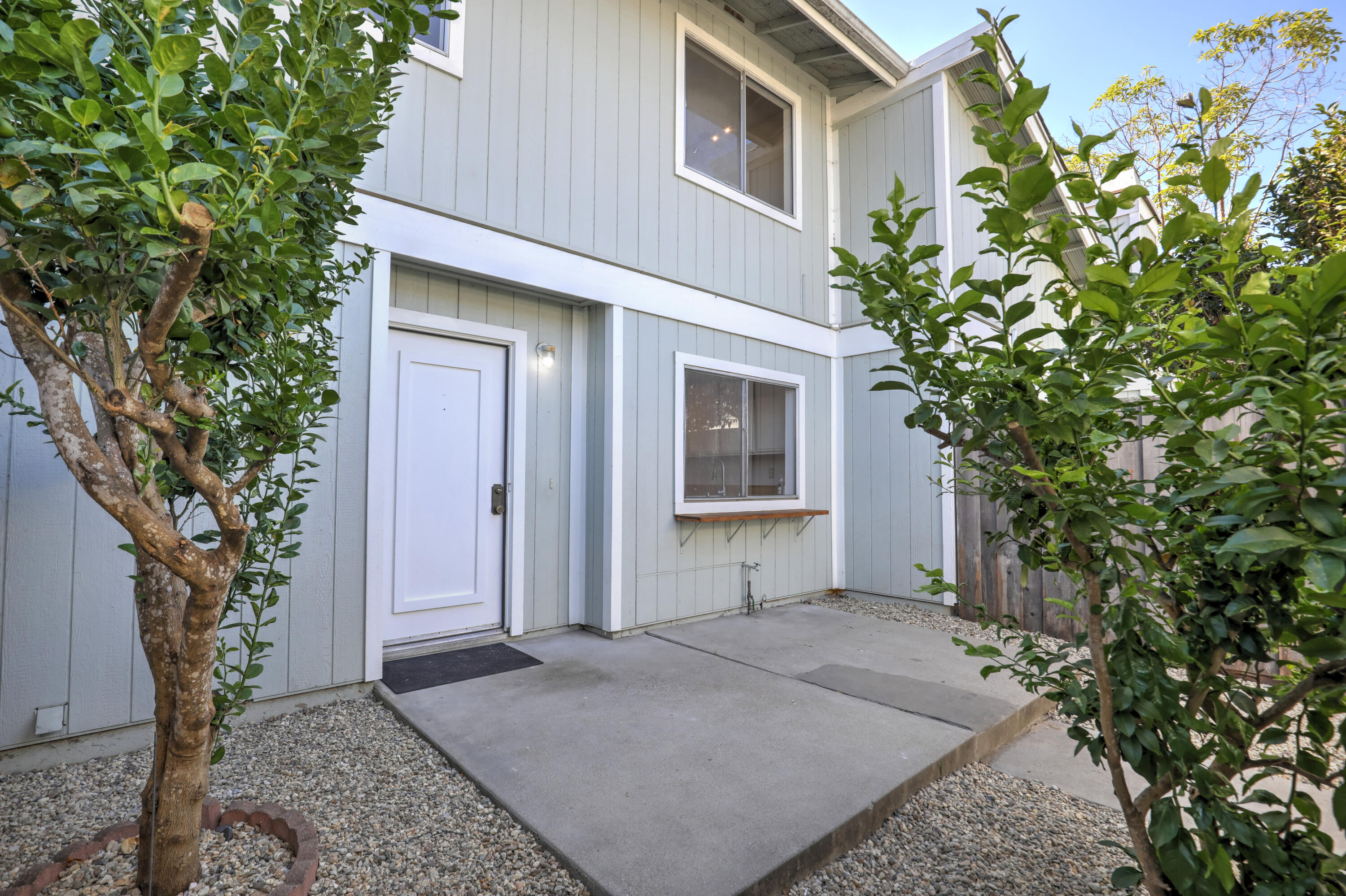 Home entrance with a white door, concrete patio, and leafy trees.