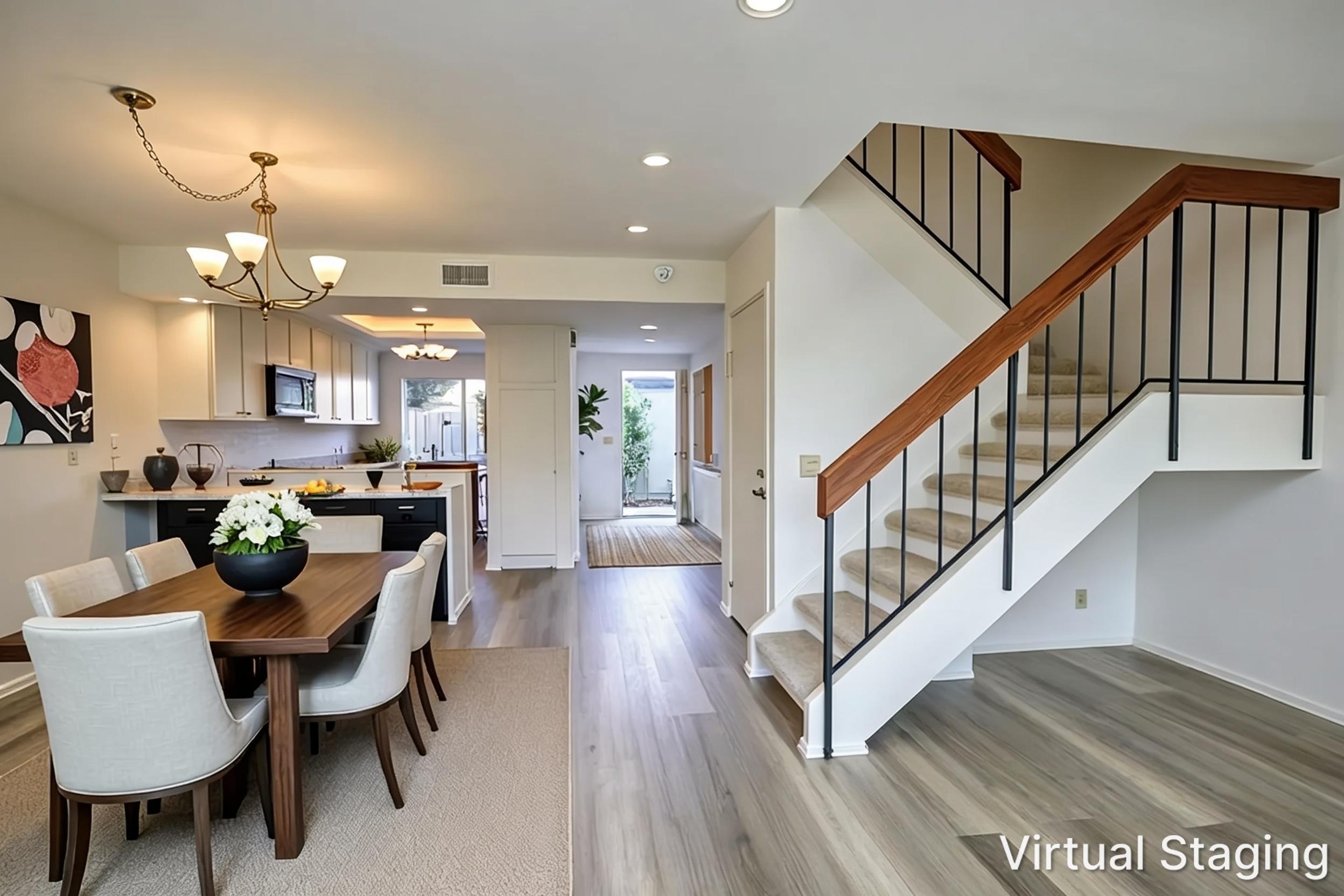 Open-plan dining area and kitchen beside a carpeted staircase with wood handrails.