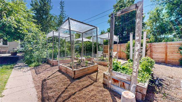 Backyard garden with raised beds under mesh frames beside a wooden fence and paved path.