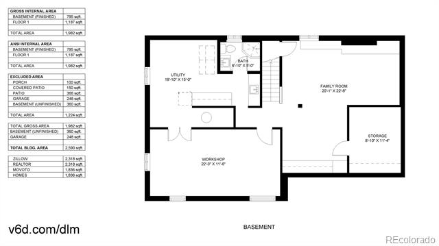 Basement floor plan showing utility, bath, family room, workshop, and storage.