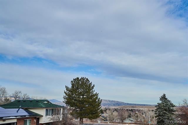Mountain view beyond neighboring homes, framed by evergreen and leafless trees under a cloudy sky.