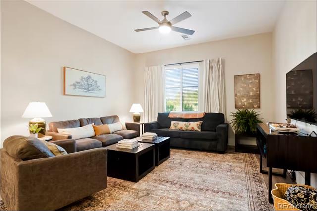 Living room with two dark sofas, a patterned rug, and a ceiling fan.