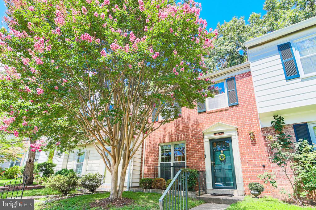 Red-brick townhouse with a teal front door beneath a large pink-flowering tree.