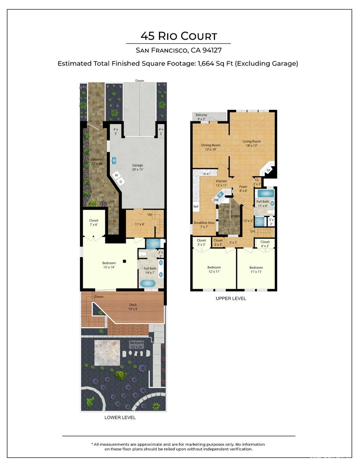 Floor plan of 45 Rio Court showing upper and lower levels, garage, bedrooms, deck, and backyard.