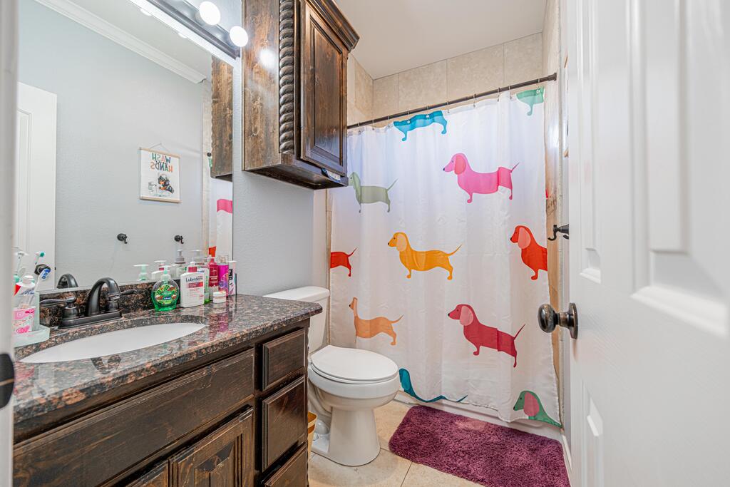 Bathroom with dark wood vanity, granite counter, and colorful dog-print shower curtain.