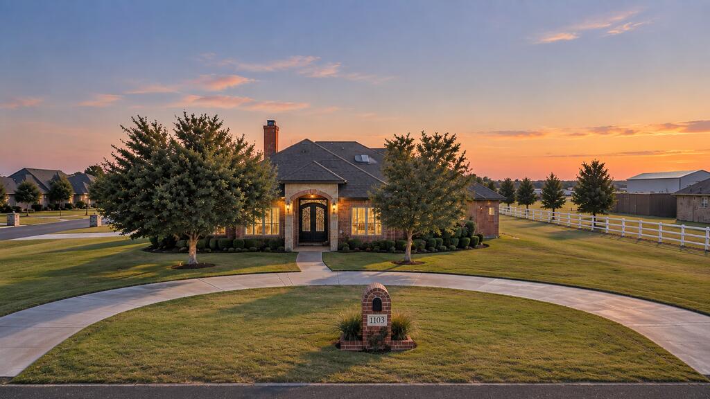 Brick home at dusk with a curved driveway, mature trees, and an address marker reading 1103.