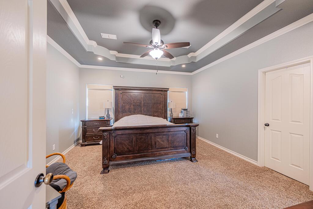 Bedroom with a dark wood bed, beige carpet, and a tray ceiling with ceiling fan.