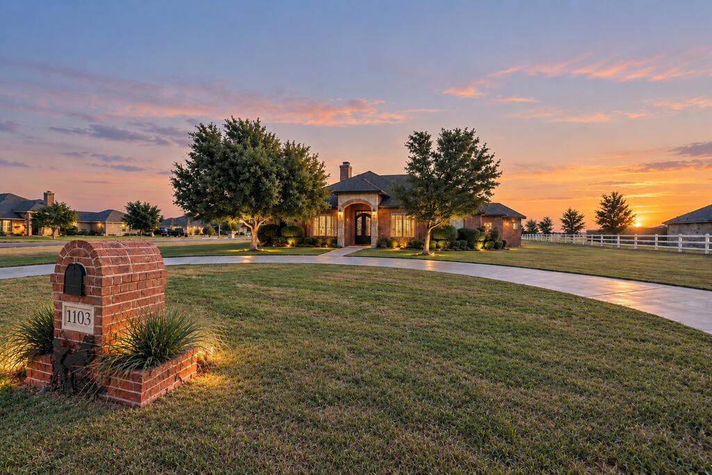 Brick home with a curved driveway and mature trees at sunset; mailbox marked 1103 in the foreground.