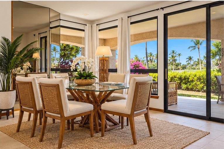 Dining room with a glass-top table and woven chairs beside sliding doors overlooking palms and a garden.