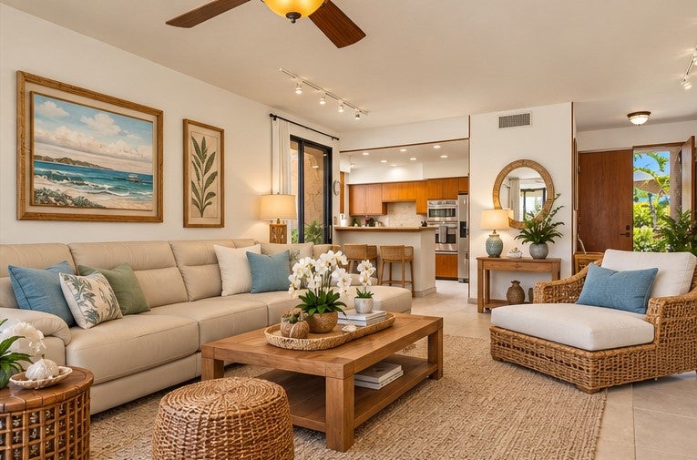 Living room with a beige sectional, wicker armchair, and open kitchen.