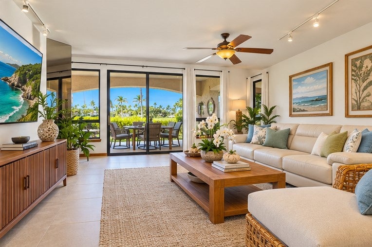 Living room with a cream sectional and wooden coffee table, opening onto a palm-lined patio.