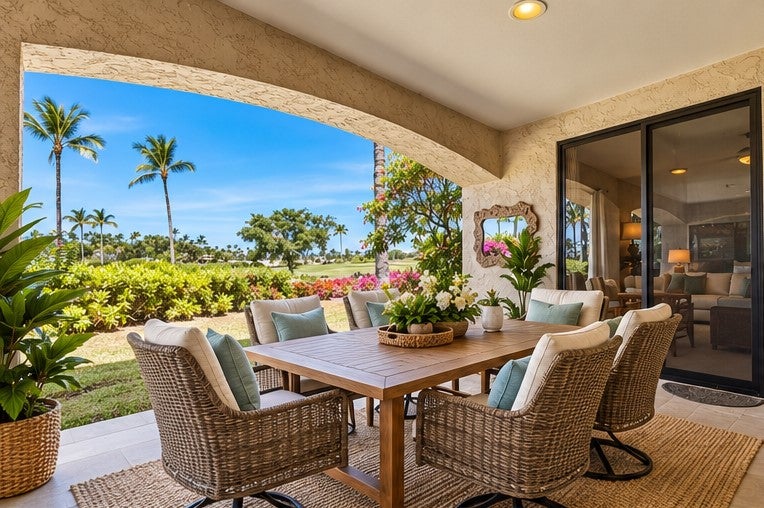 Covered lanai with wicker dining chairs, opening to a tropical garden with palm trees.
