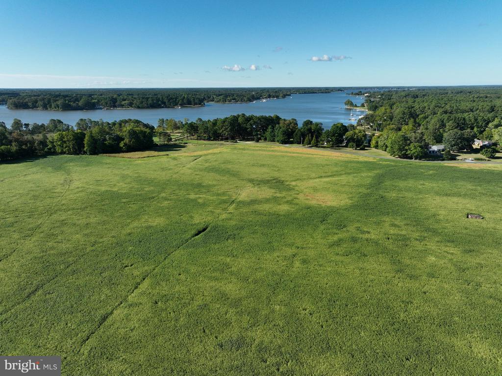 Aerial view of a green field stretching toward a tree-lined waterfront with boats.