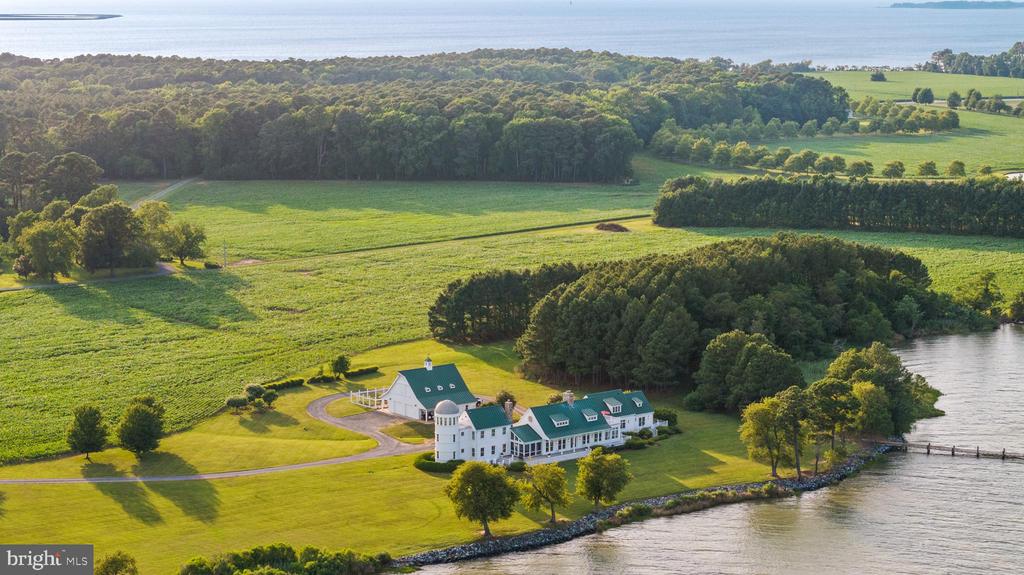 Waterfront estate with green roofs, expansive fields, wooded grounds, and a private pier.
