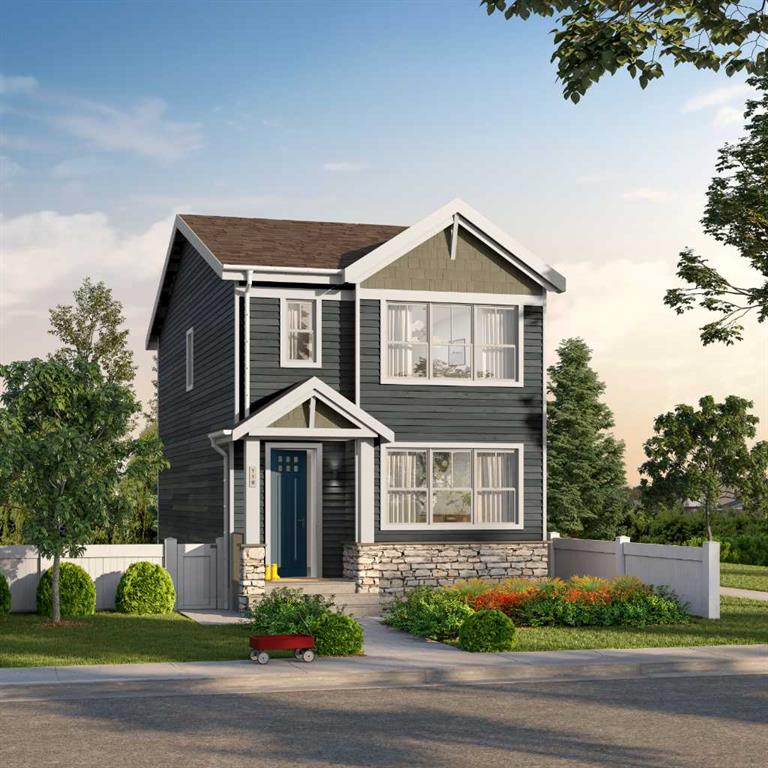 Two-story dark gray house with white trim, a stone-clad facade, and a landscaped fenced yard.