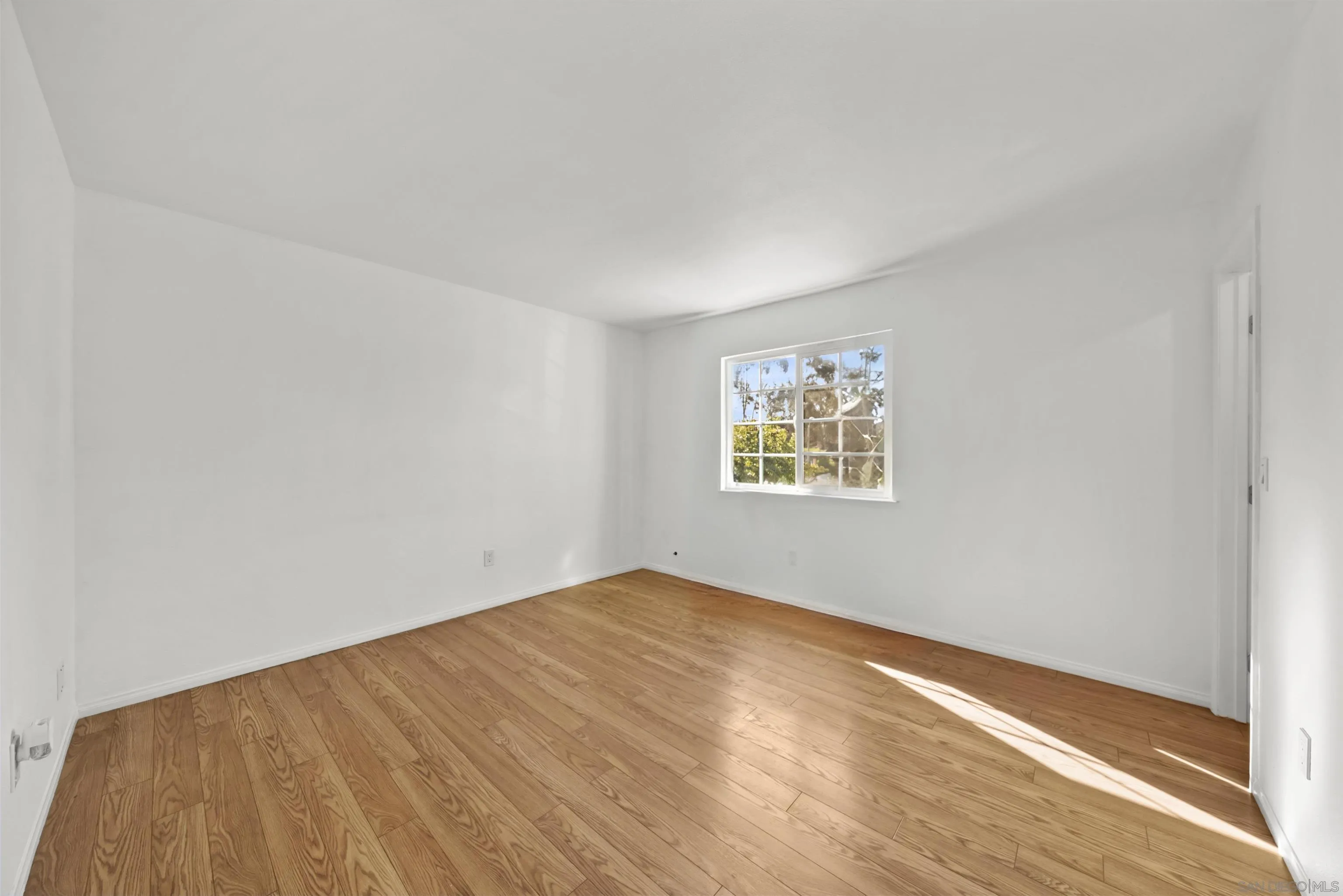 Empty room with light wood floors and sunlight streaming through a divided-pane window.
