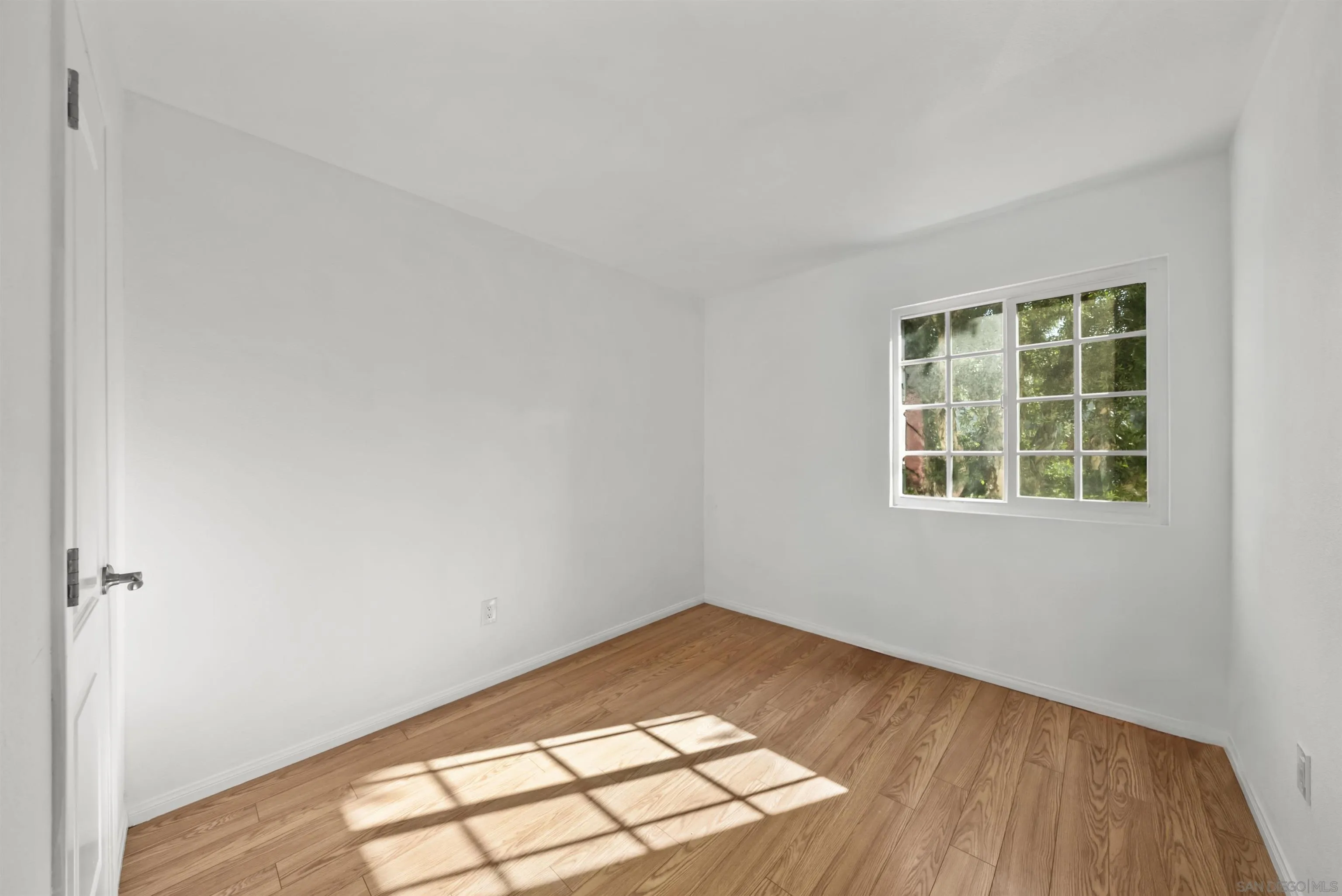 Empty room with hardwood floors and sunlight through a large divided-pane window.