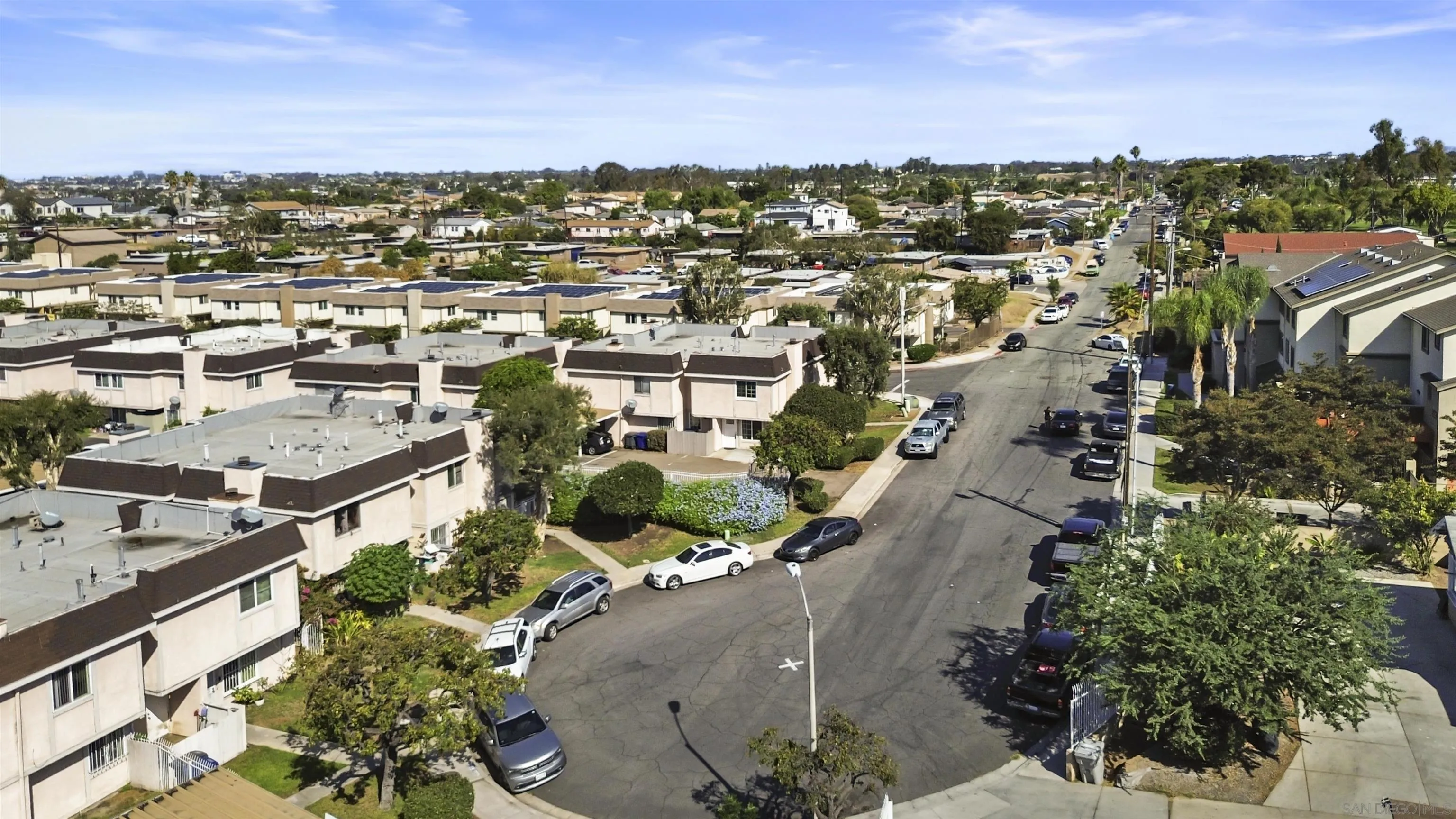 Aerial view of a residential neighborhood with rows of homes and a tree-lined street.