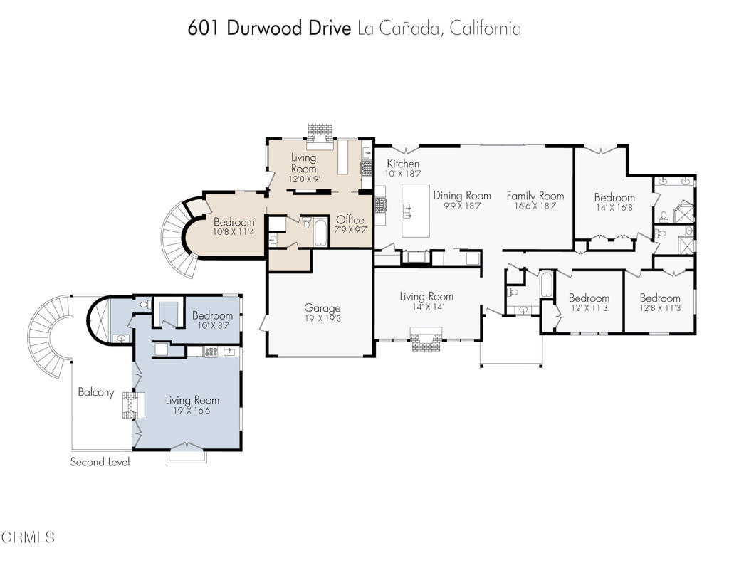 Floor plan of 601 Durwood Drive with labeled rooms, dimensions, garage, and second-level balcony.