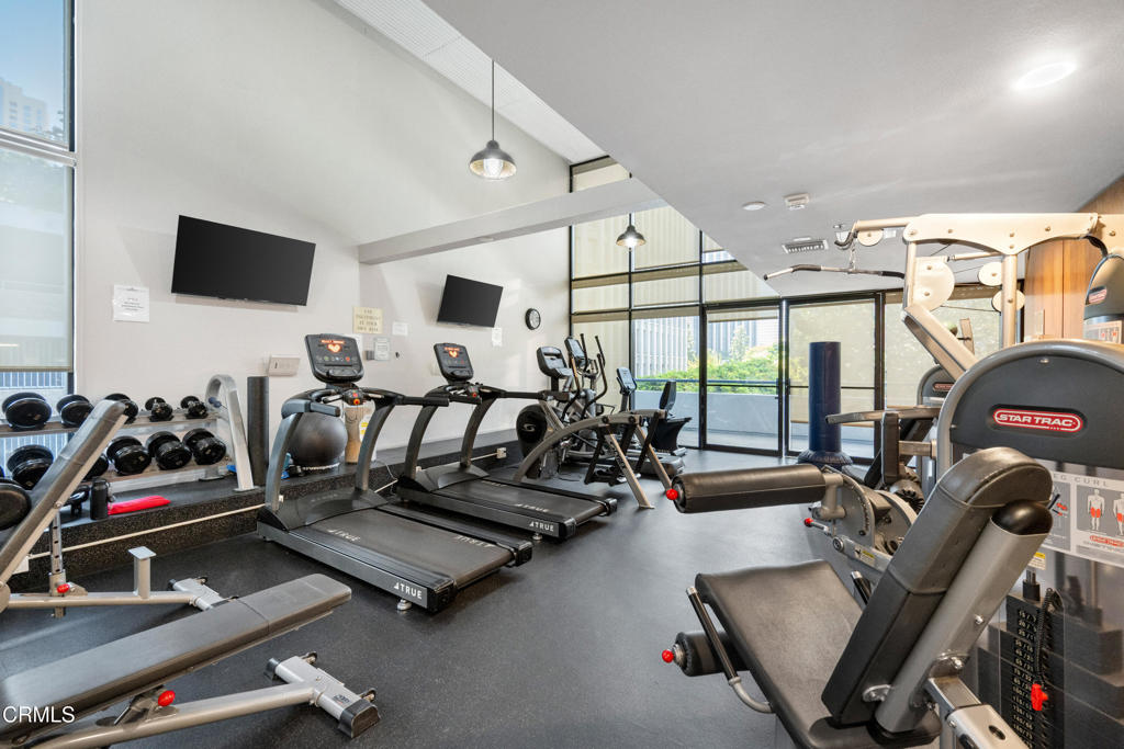 Condominium fitness center with treadmills, weight machines, dumbbells, and large windows.