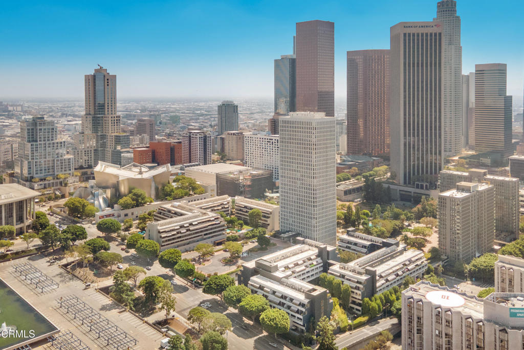 Panoramic view of downtown Los Angeles high-rises, including the Bank of America building.