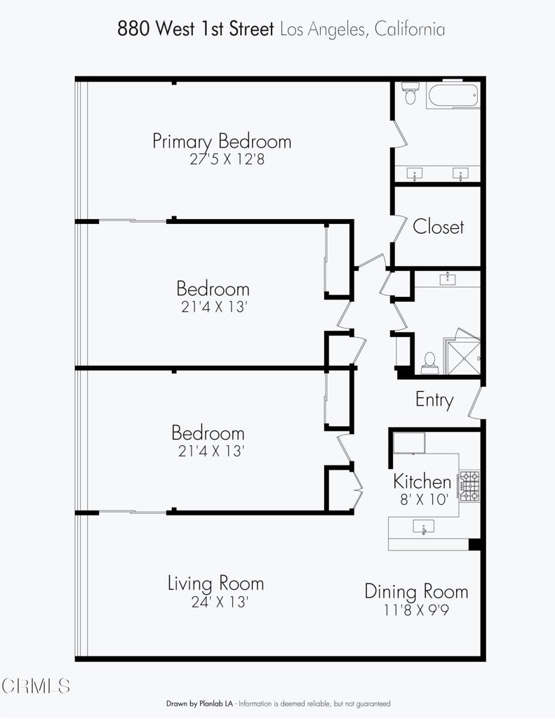 Floor plan for 880 West 1st Street with three bedrooms, a kitchen, living room, and dining room.