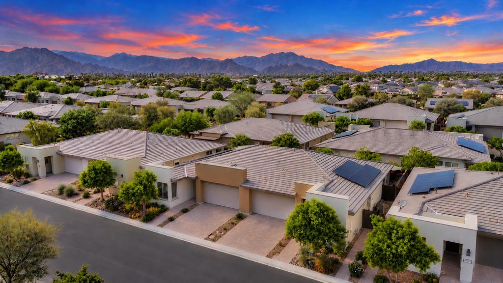 Aerial view of desert homes with solar panels and mountains beneath a colorful sunset sky