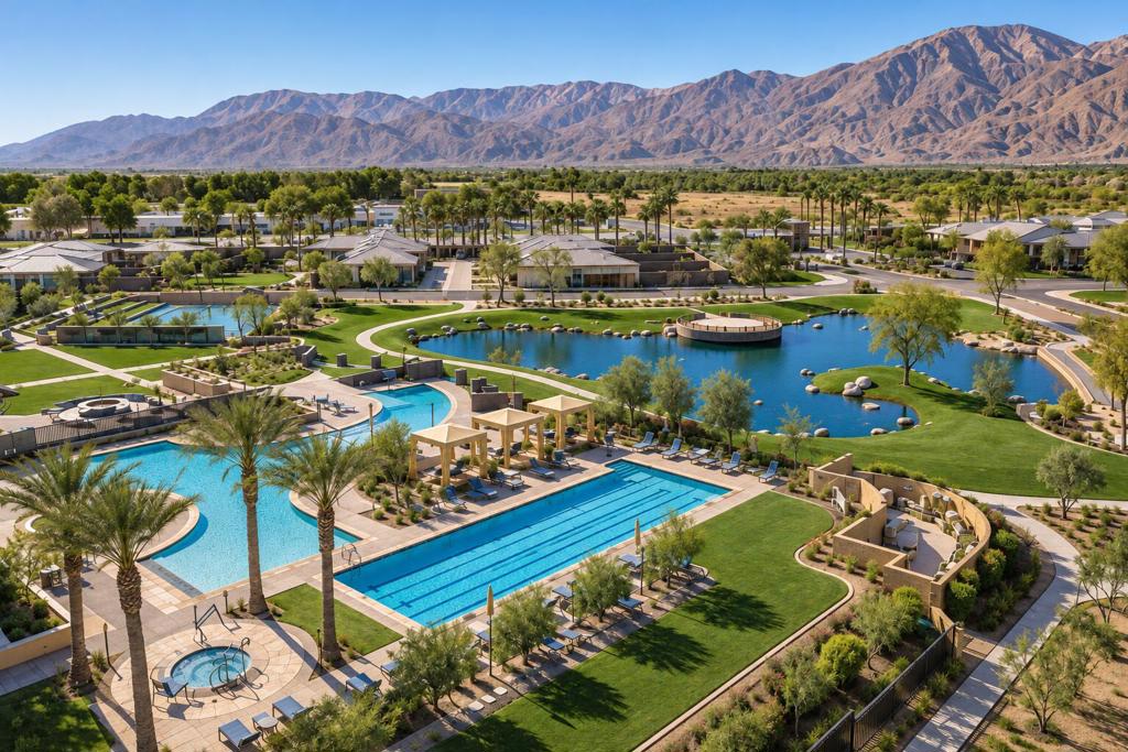 Aerial view of a landscaped community with swimming pools, a pond, and mountains beyond.