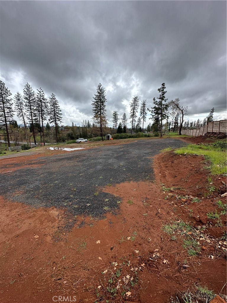 Cleared lot with a wide gravel area, red soil, wooden fence, and tall pines.