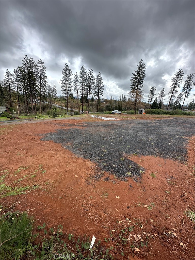 Vacant cleared lot with reddish soil, a dark paved area, and tall pine trees under cloudy skies.