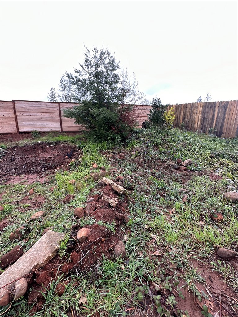 Sloping backyard with patchy grass, scattered rocks, an evergreen tree, and a wooden privacy fence.