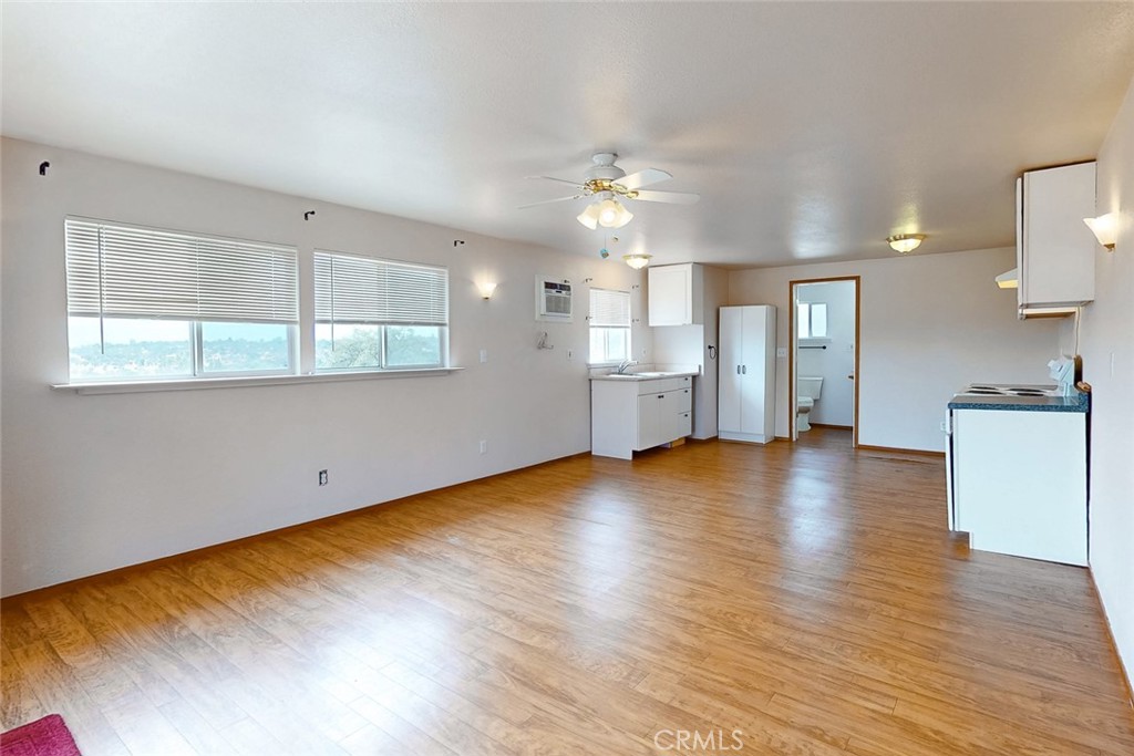 Open living area with wood-look floors, a compact kitchen, and wide windows with blinds.