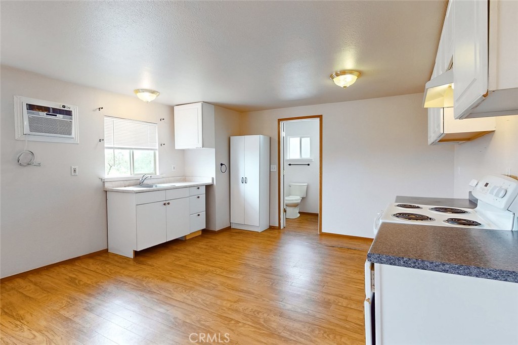 Vacant kitchen with white cabinets, wood-look flooring, and an open doorway to the bathroom.