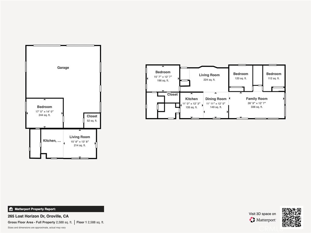Floor plan for 265 Lost Horizon showing room layouts, a garage, and 2,588 square feet of floor area.