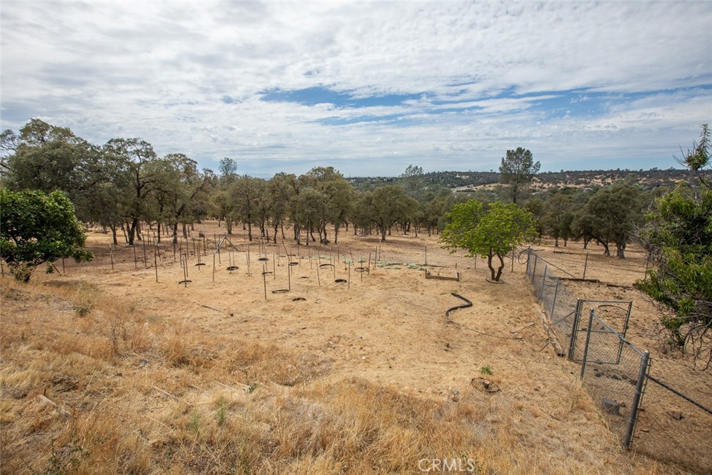 Dry rural land with scattered trees, a fenced area, and distant hills.