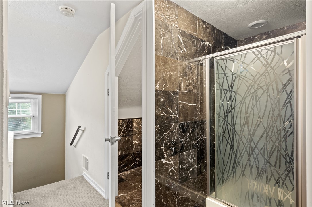 Bathroom with a dark marble-tile shower and patterned glass enclosure beside a window.