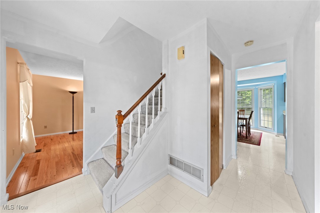 Entryway with a carpeted staircase, wooden handrail, and views into adjoining rooms.