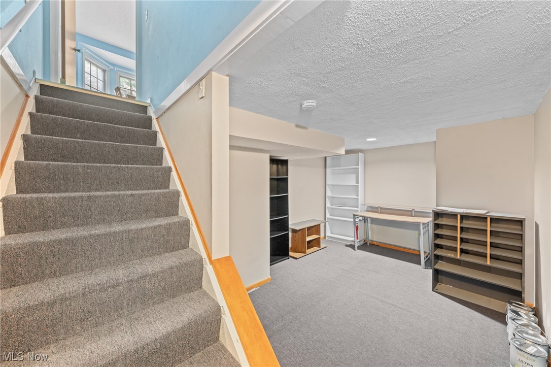 Finished basement office with carpeted stairs, shelving, and a desk.